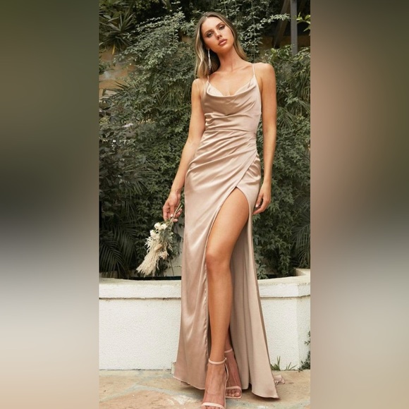 Cinderella Dresses & Skirts - Cinderella Divine Nude Satin Gown Dress 7479 Tan Neutral Cowl Neck Sheath Formal